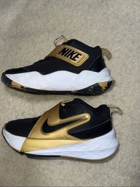 Nike Kids Black and Gold Slip-On Athletic Sneakers with Velcro Strap